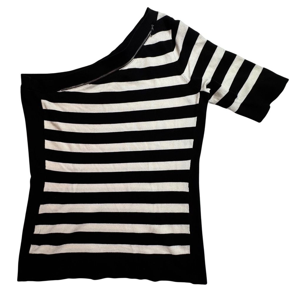 Cache Womens One Shoulder Striped Knit Top Black White Zipper Detail Size M